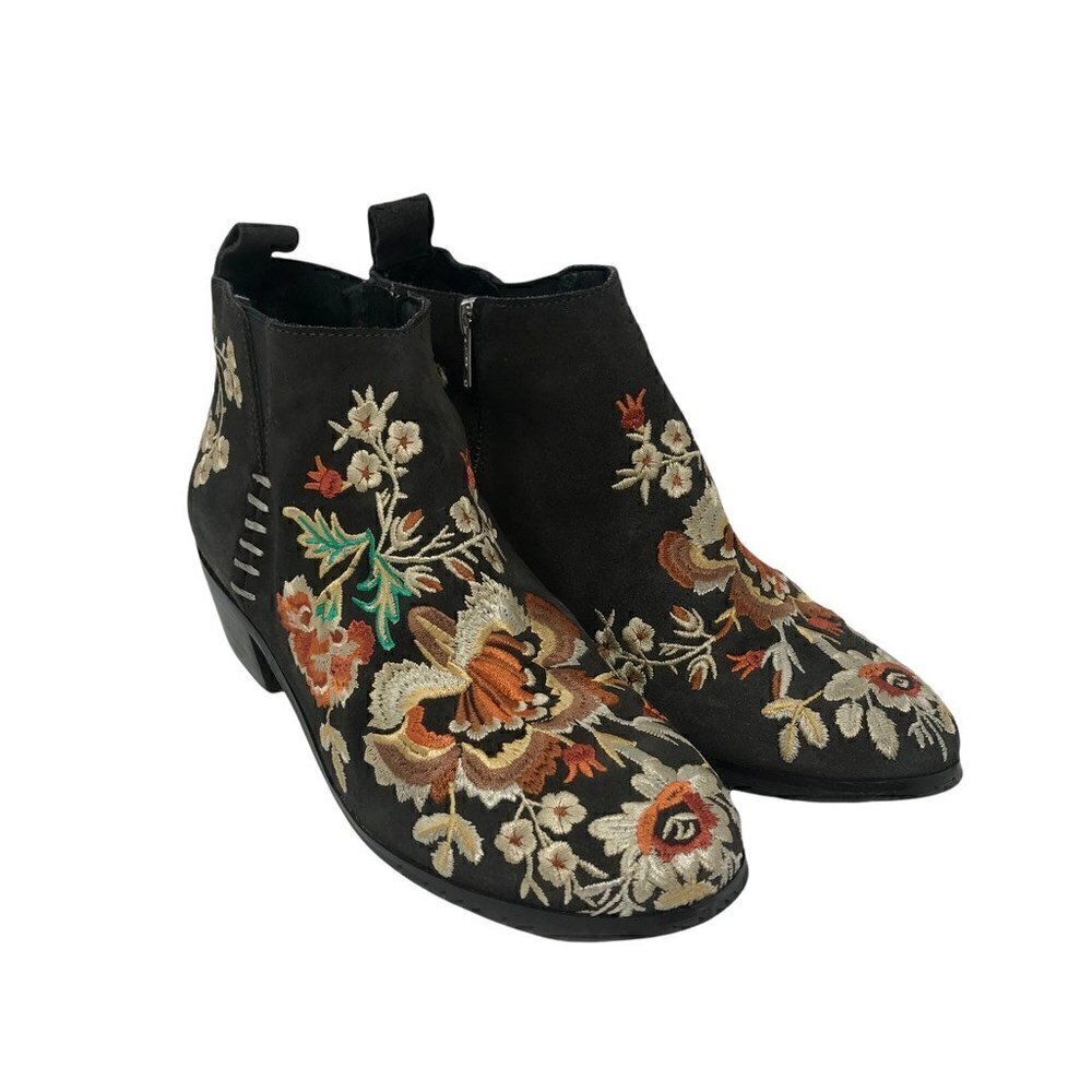 Johnny Was Womens Sammi Ankle Boots Gray Floral Leather Embroidered 8 EUR 38